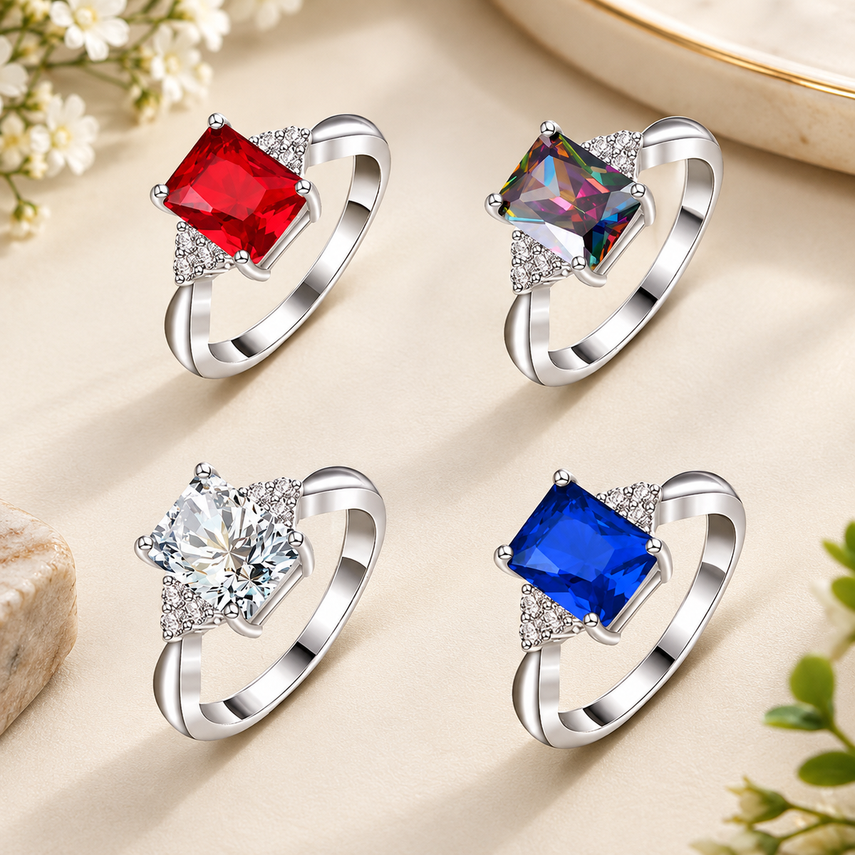 Red Zircon Inlaid Couple Ring for Daily Wear