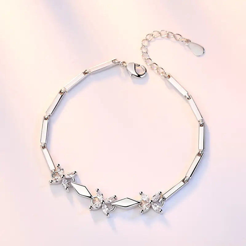 Silver Plated Four Leaf Clover Bracelet with Crystal Accents