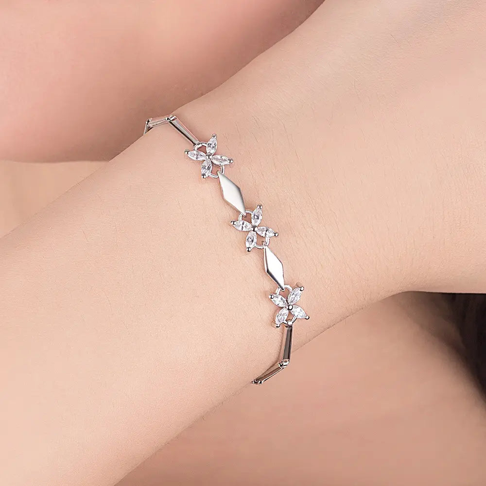 Silver Plated Four Leaf Clover Bracelet with Crystal Accents