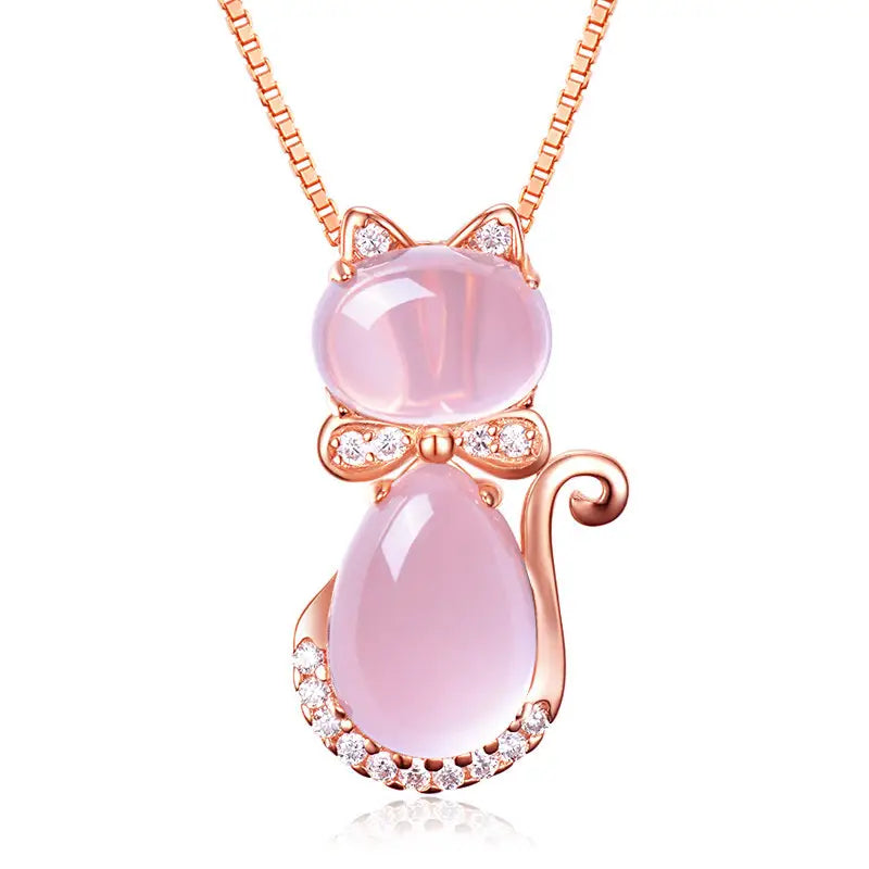 Pink Crystal Cat Pendant Necklace