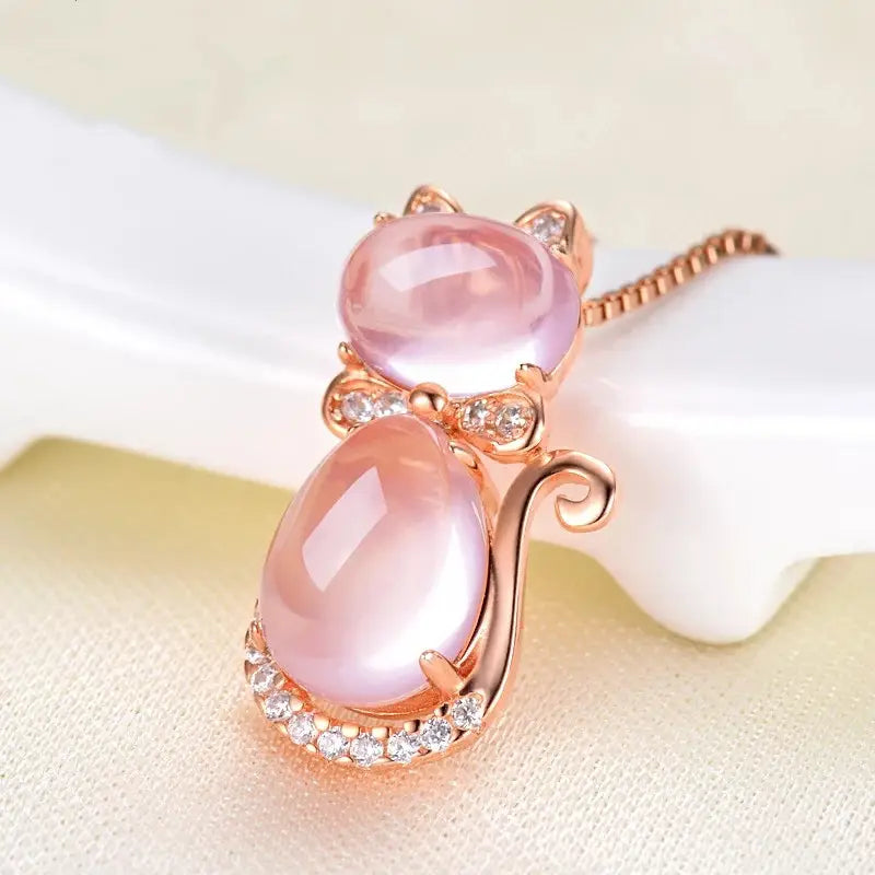 Pink Crystal Cat Pendant Necklace