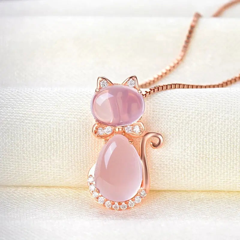 Pink Crystal Cat Pendant Necklace
