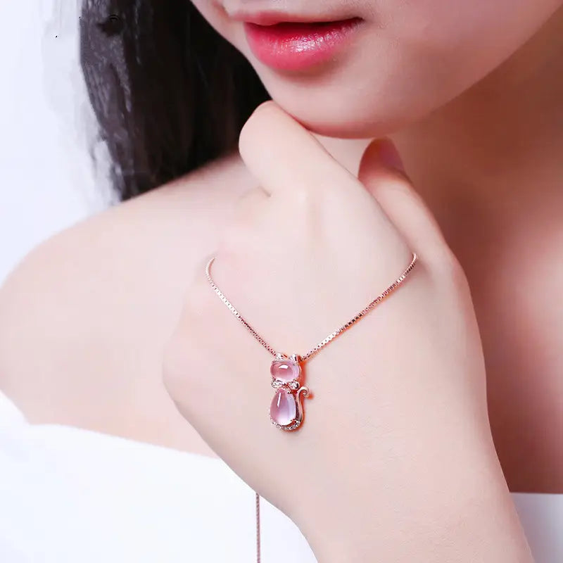 Pink Crystal Cat Pendant Necklace