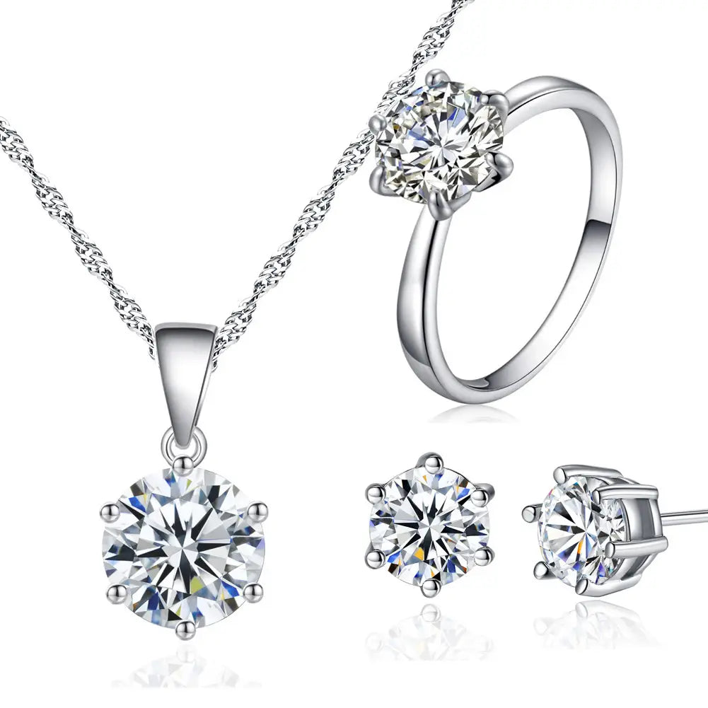 Silver Toned Zircon Ring & Pendant Set